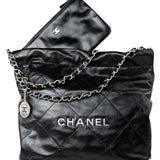 CHANEL Handbag Black Calfskin Quilted Drawstring 22 Bag Small Antique Silver Hardware -Knockoff
