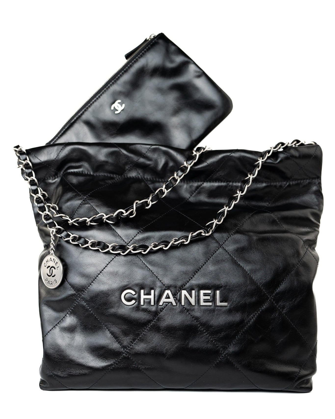 CHANEL Handbag Black Calfskin Quilted Drawstring 22 Bag Small Antique Silver Hardware -Knockoff
