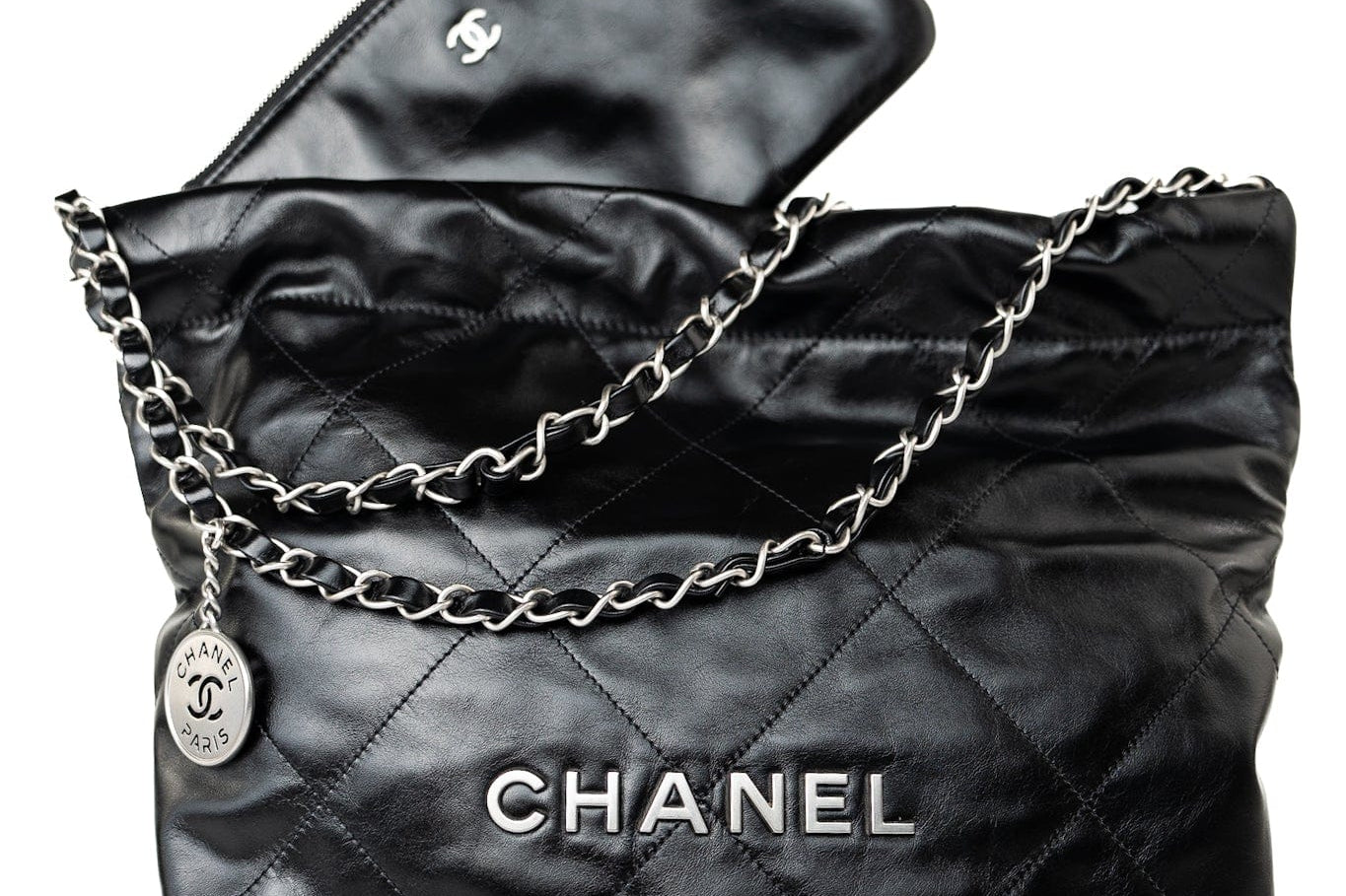 CHANEL Handbag Black Calfskin Quilted Drawstring 22 Bag Small Antique Silver Hardware -Knockoff
