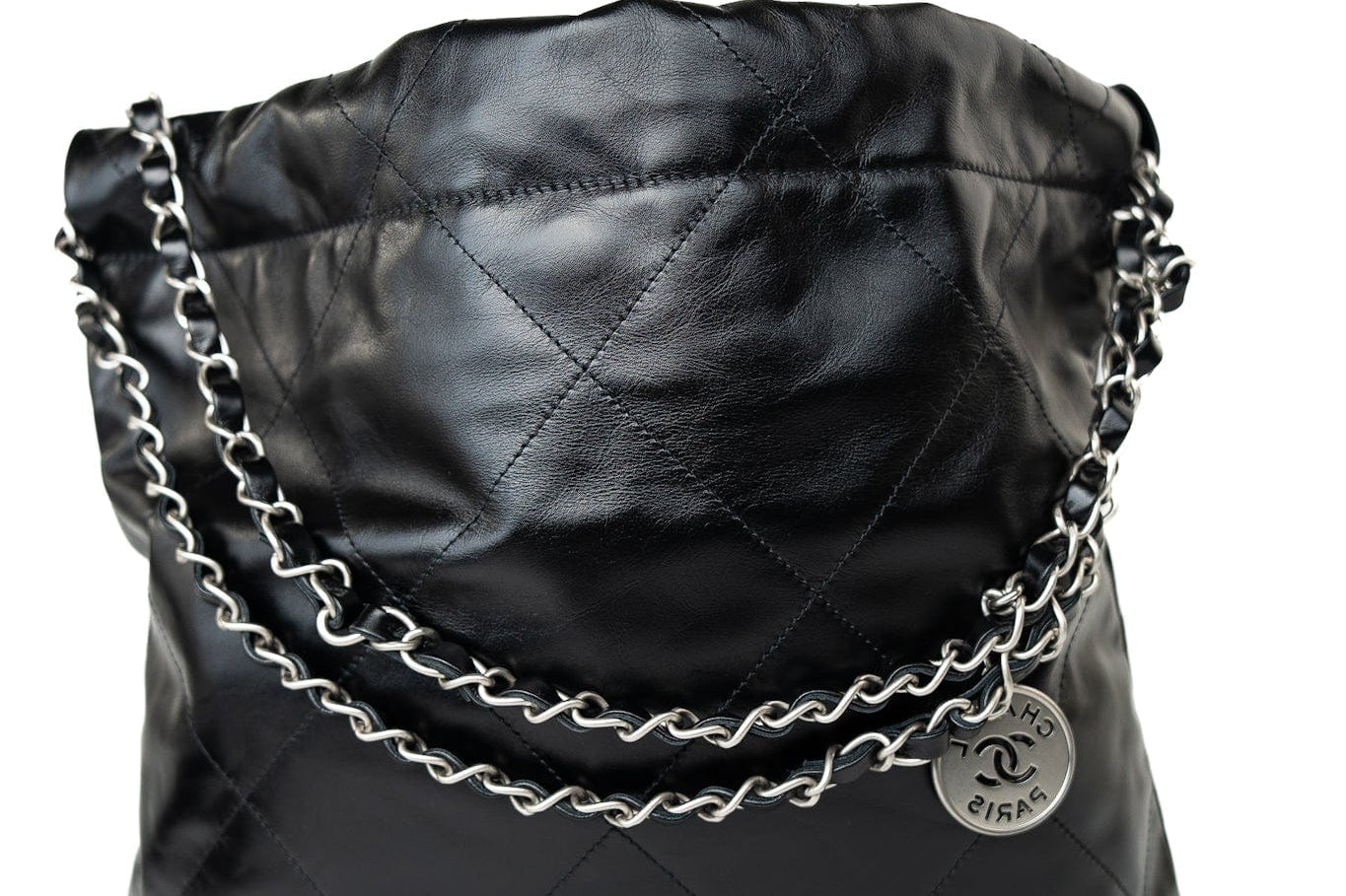 CHANEL Handbag Black Calfskin Quilted Drawstring 22 Bag Small Antique Silver Hardware -Knockoff
