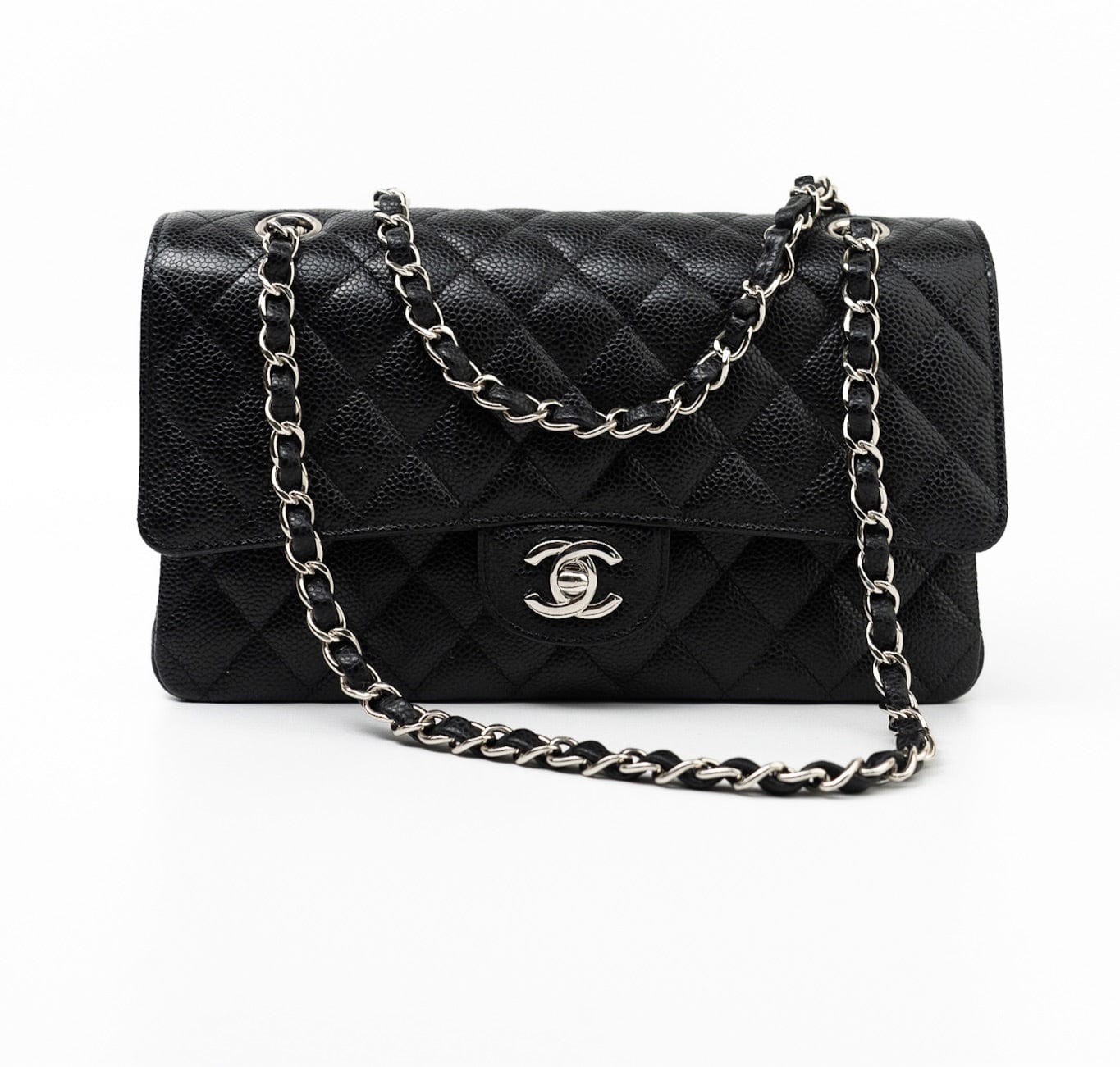 CHANEL Handbag Black Caviar Quilted Classic Flap Medium Silver Hardware -Knockoff
