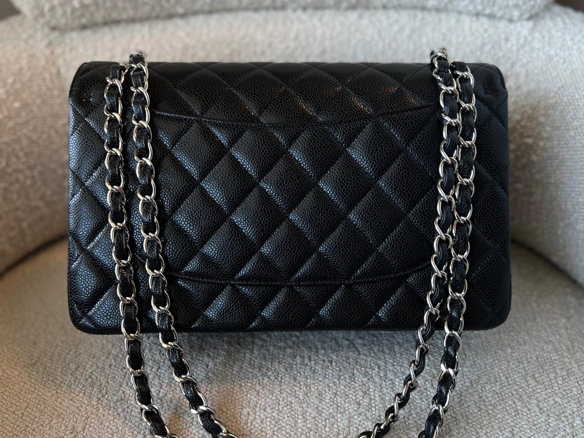 CHANEL Handbag Black Caviar Quilted Jumbo Classic Flap Silver Hardware -Knockoff
