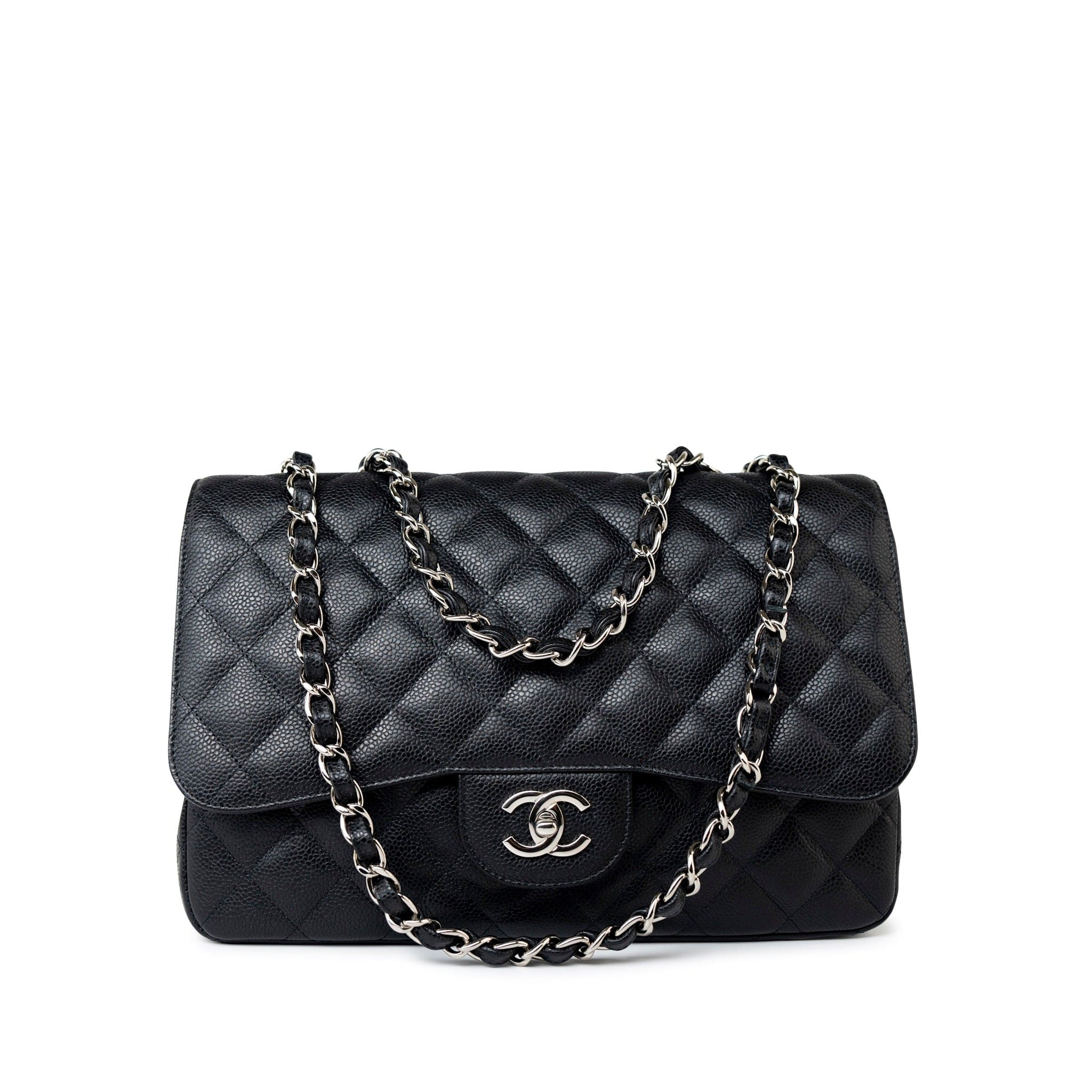 CHANEL Handbag Black Caviar Quilted Jumbo Single Flap Silver Hardware -Knockoff
