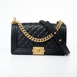 CHANEL Handbag Black Caviar Quilted Old Medium Boy Bag Aged Gold Hardware -Knockoff
