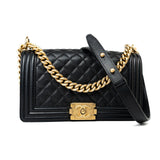 CHANEL Handbag Black Caviar Quilted Old Medium Boy Bag Aged Gold Hardware -Knockoff
