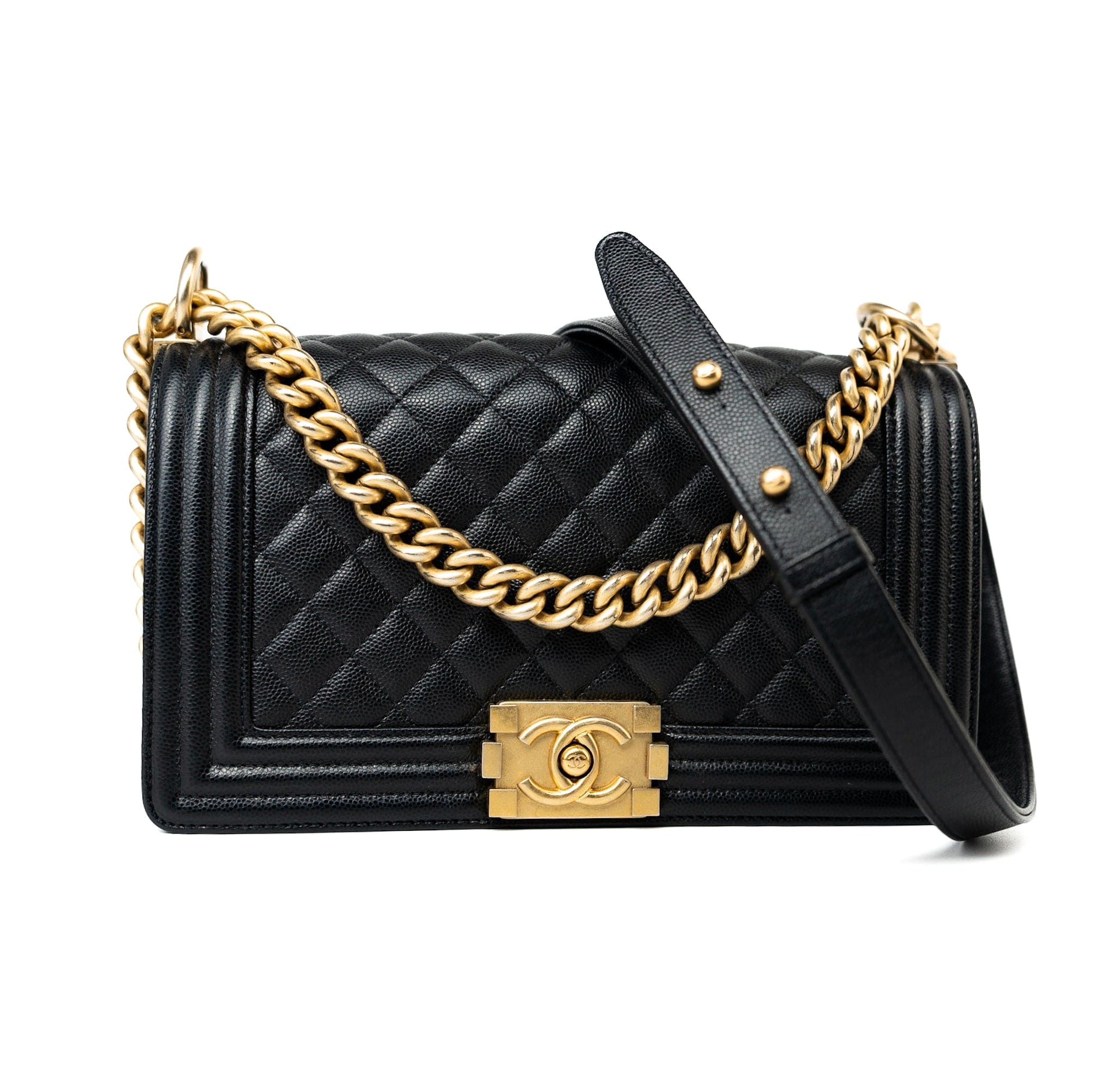 CHANEL Handbag Black Caviar Quilted Old Medium Boy Bag Aged Gold Hardware -Knockoff
