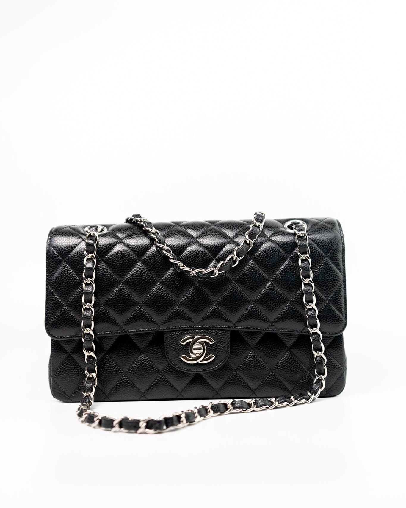 CHANEL Handbag Black Classic Flap Medium Caviar Quilted Silver Hardware -Knockoff
