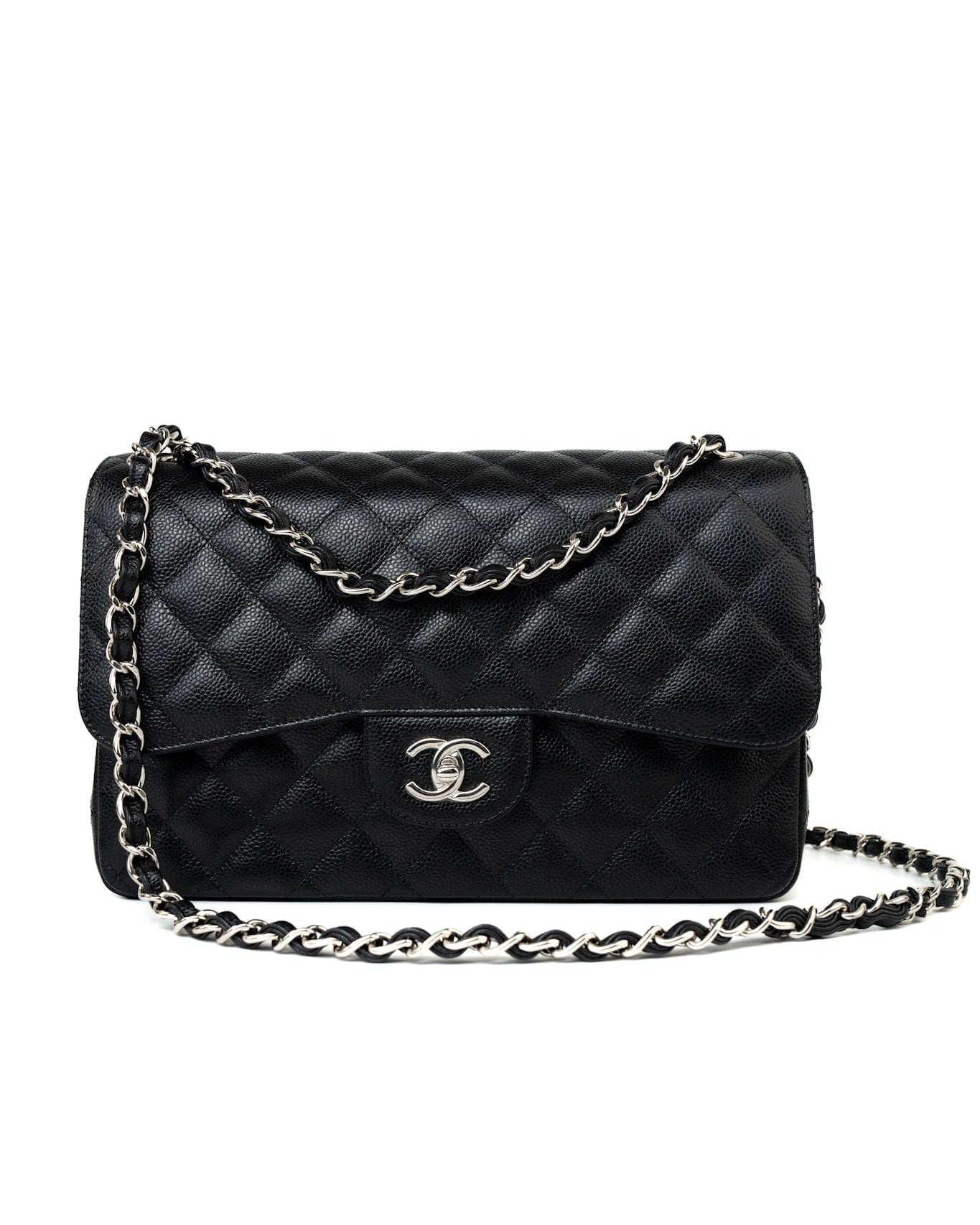 CHANEL Handbag Black Jumbo Caviar Quilted Classic Flap Silver Hardware -Knockoff
