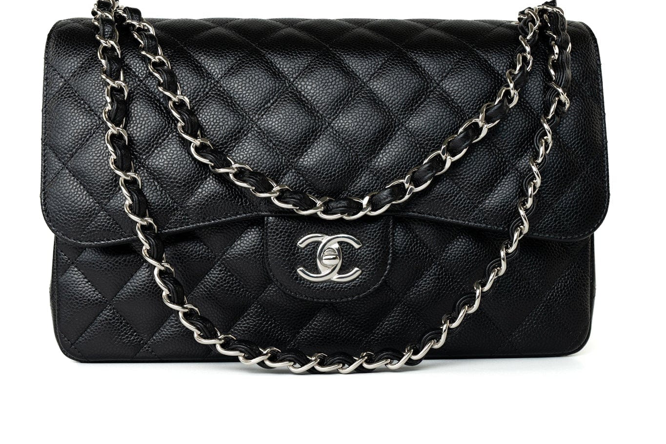 CHANEL Handbag Black Jumbo Caviar Quilted Classic Flap Silver Hardware -Knockoff
