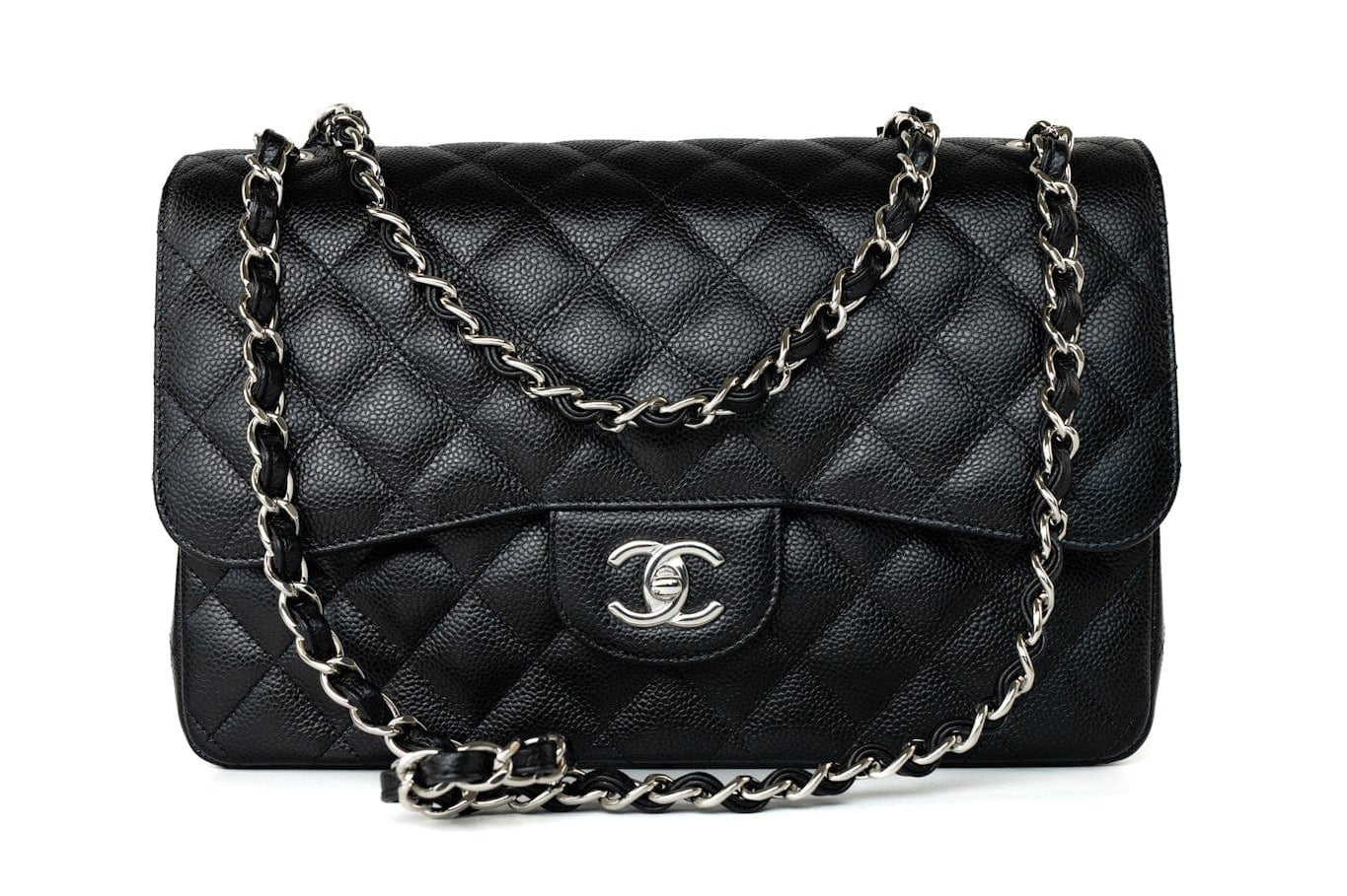 CHANEL Handbag Black Jumbo Caviar Quilted Classic Flap Silver Hardware -Knockoff
