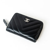 CHANEL Handbag Black Lambskin Chevron Zip Coin Purse Silver Hardware -Knockoff
