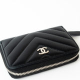 CHANEL Handbag Black Lambskin Chevron Zip Coin Purse Silver Hardware -Knockoff
