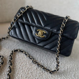 CHANEL Handbag Black Mini Rectangular Lambskin Chevron Light Gold Hardware -Knockoff
