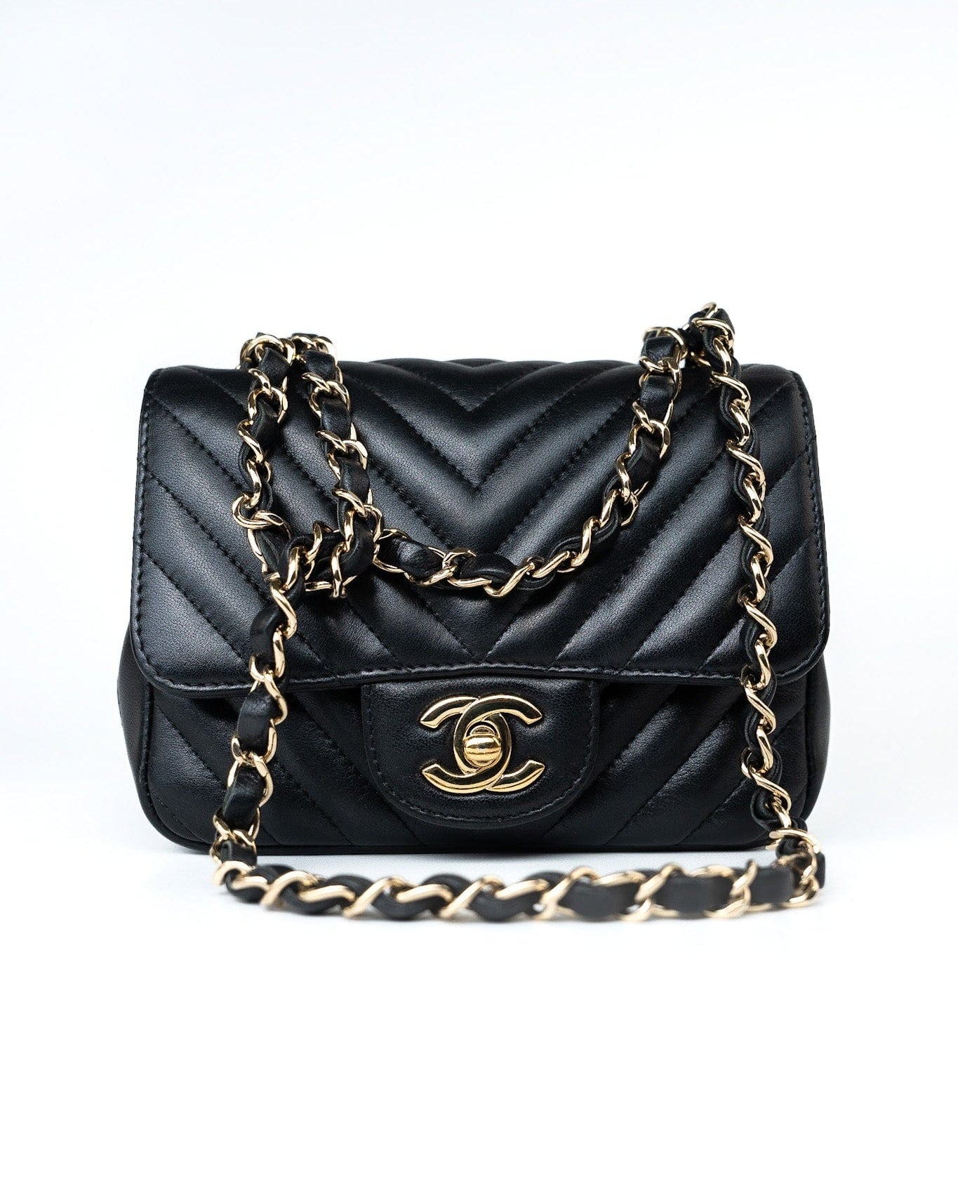 CHANEL Handbag Black Mini Square Black Lambskin Chevron Flap LGHW -Knockoff
