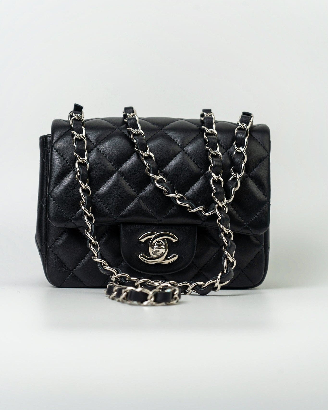 CHANEL Handbag Black Mini Square Lambskin Quilted Flap Silver Hardware -Knockoff
