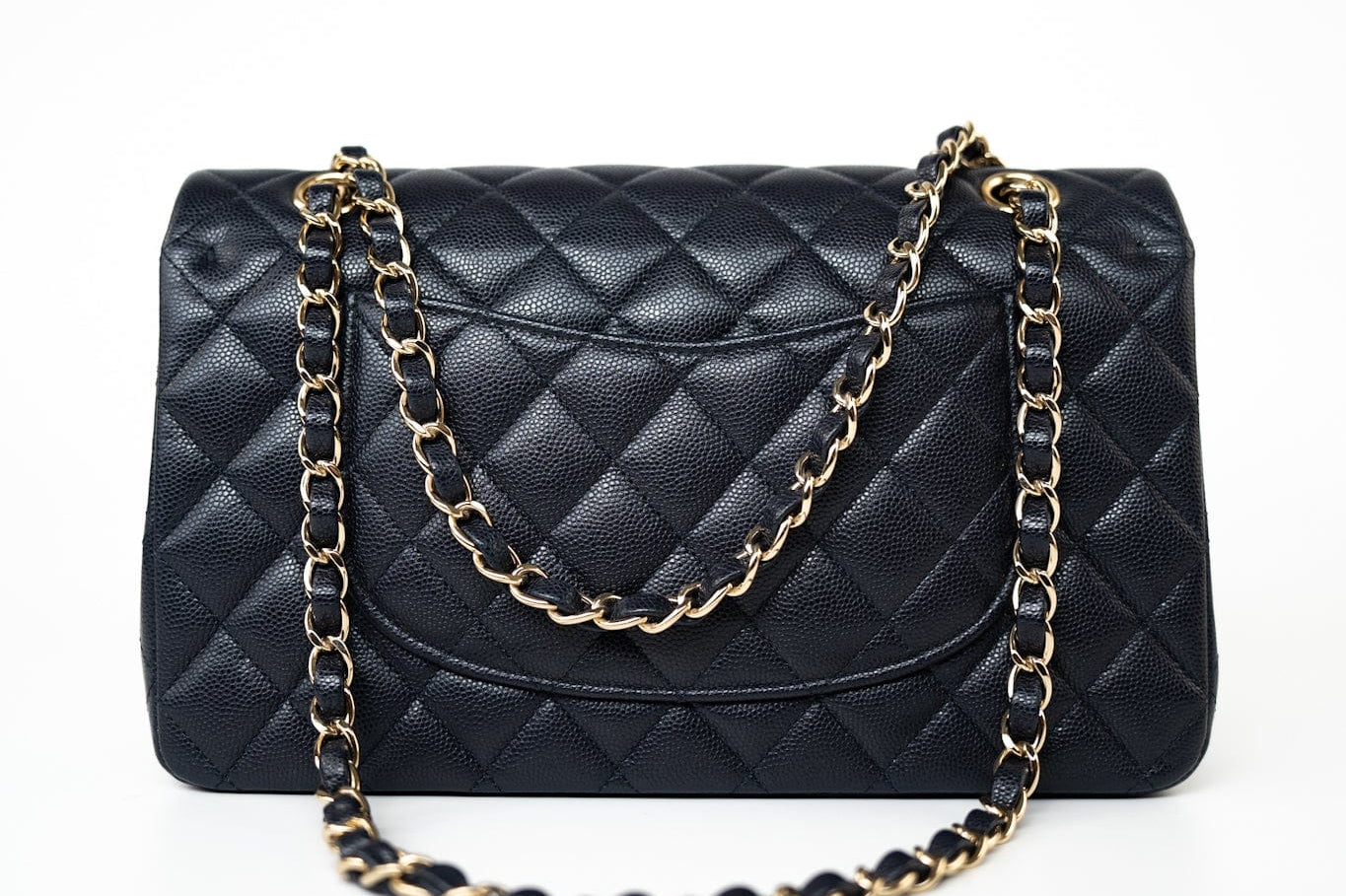 CHANEL Handbag Black Navy Caviar Quilted Classic Flap Medium Light Gold Hardware -Knockoff
