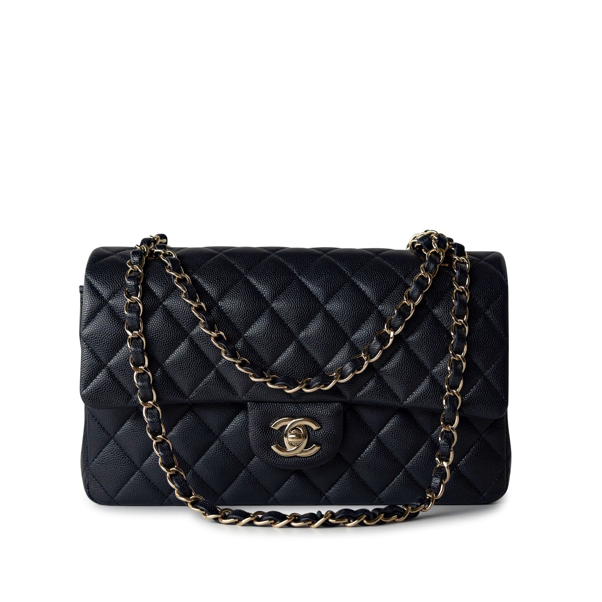 CHANEL Handbag Black Navy Caviar Quilted Classic Flap Medium Light Gold Hardware -Knockoff
