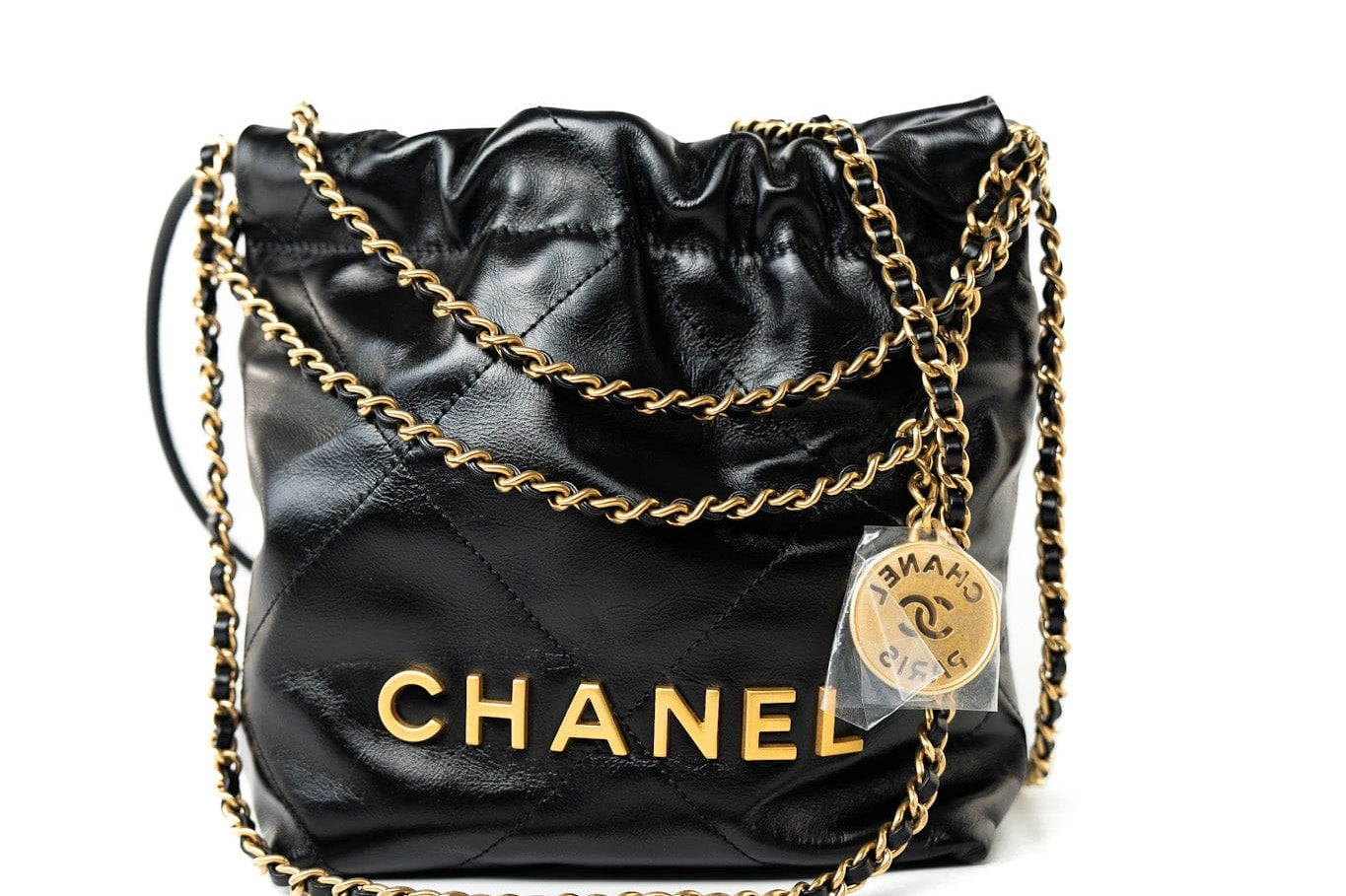 CHANEL Handbag Black Shiny Black Calfskin Quilted Mini 22 Bag Antique Gold Hardware -Knockoff
