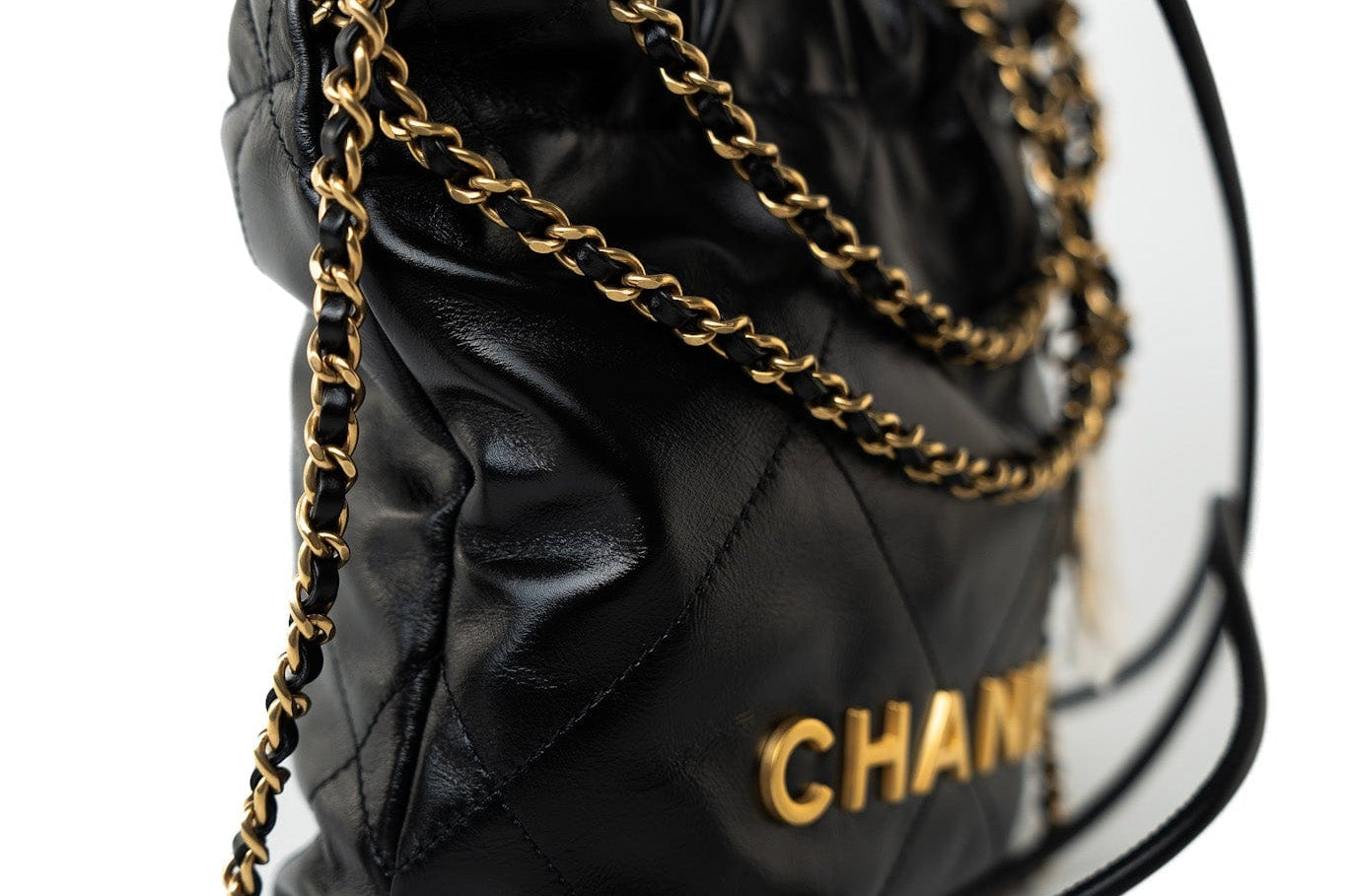 CHANEL Handbag Black Shiny Black Calfskin Quilted Mini 22 Bag Antique Gold Hardware -Knockoff
