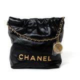 CHANEL Handbag Black Shiny Black Calfskin Quilted Mini 22 Bag Antique Gold Hardware -Knockoff
