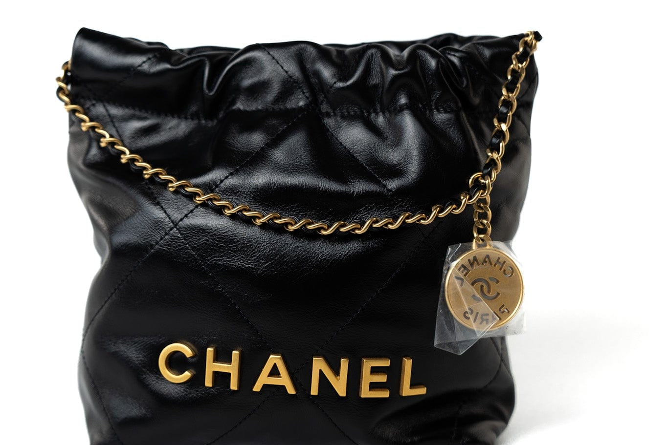 CHANEL Handbag Black Shiny Black Calfskin Quilted Mini 22 Bag Antique Gold Hardware -Knockoff
