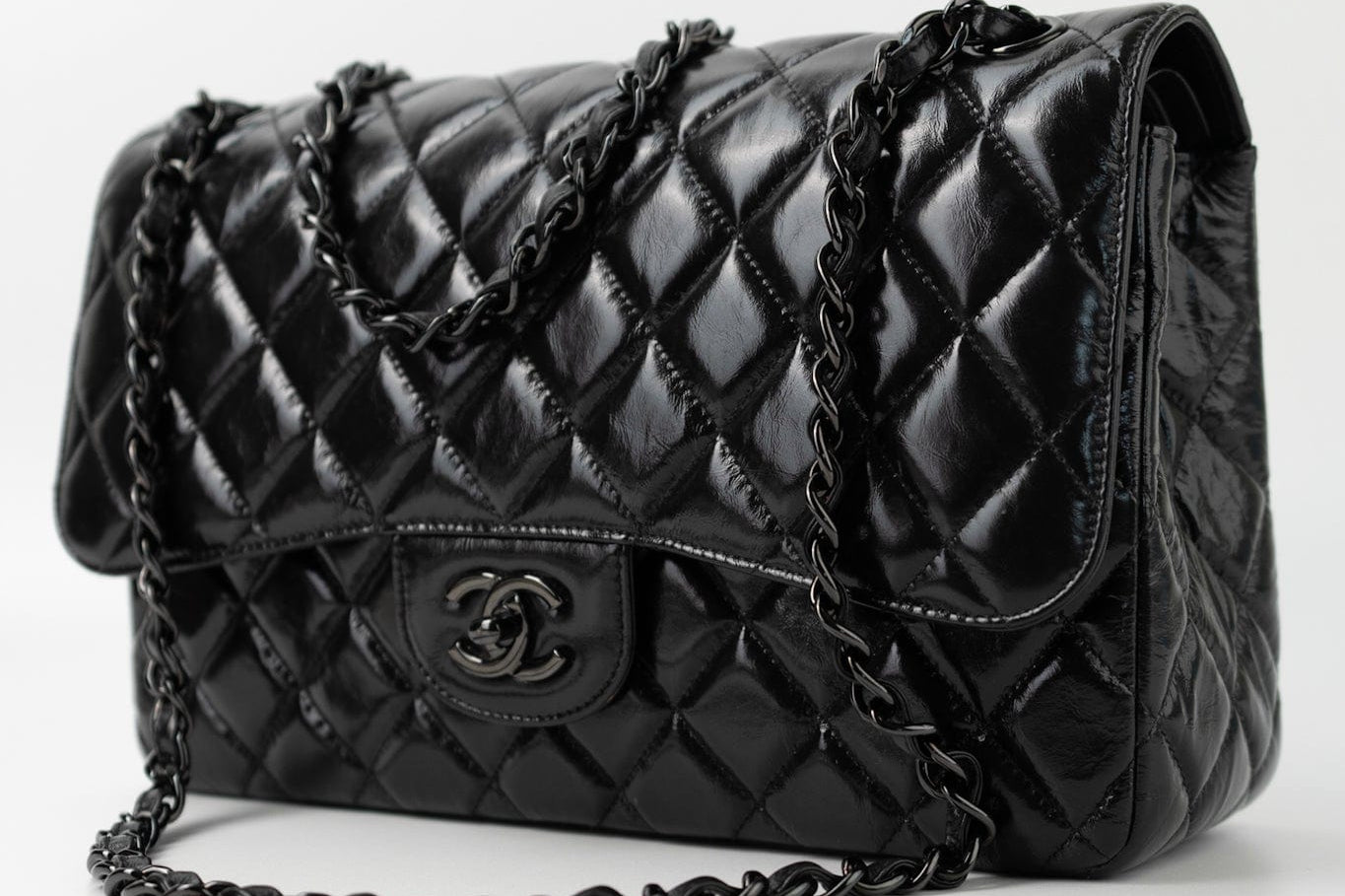 CHANEL Handbag Black So Black Shiny Crumpled Calfskin Quilted Jumbo Double Flap -Knockoff
