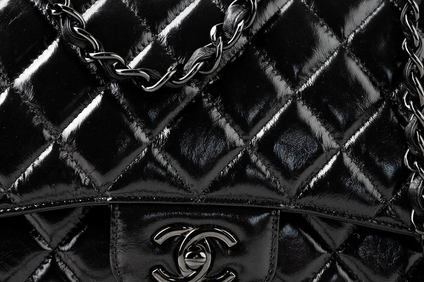 CHANEL Handbag Black So Black Shiny Crumpled Calfskin Quilted Jumbo Double Flap -Knockoff
