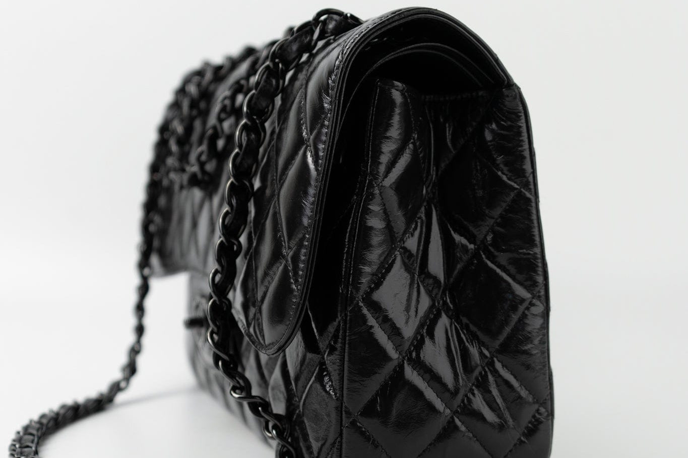 CHANEL Handbag Black So Black Shiny Crumpled Calfskin Quilted Jumbo Double Flap -Knockoff
