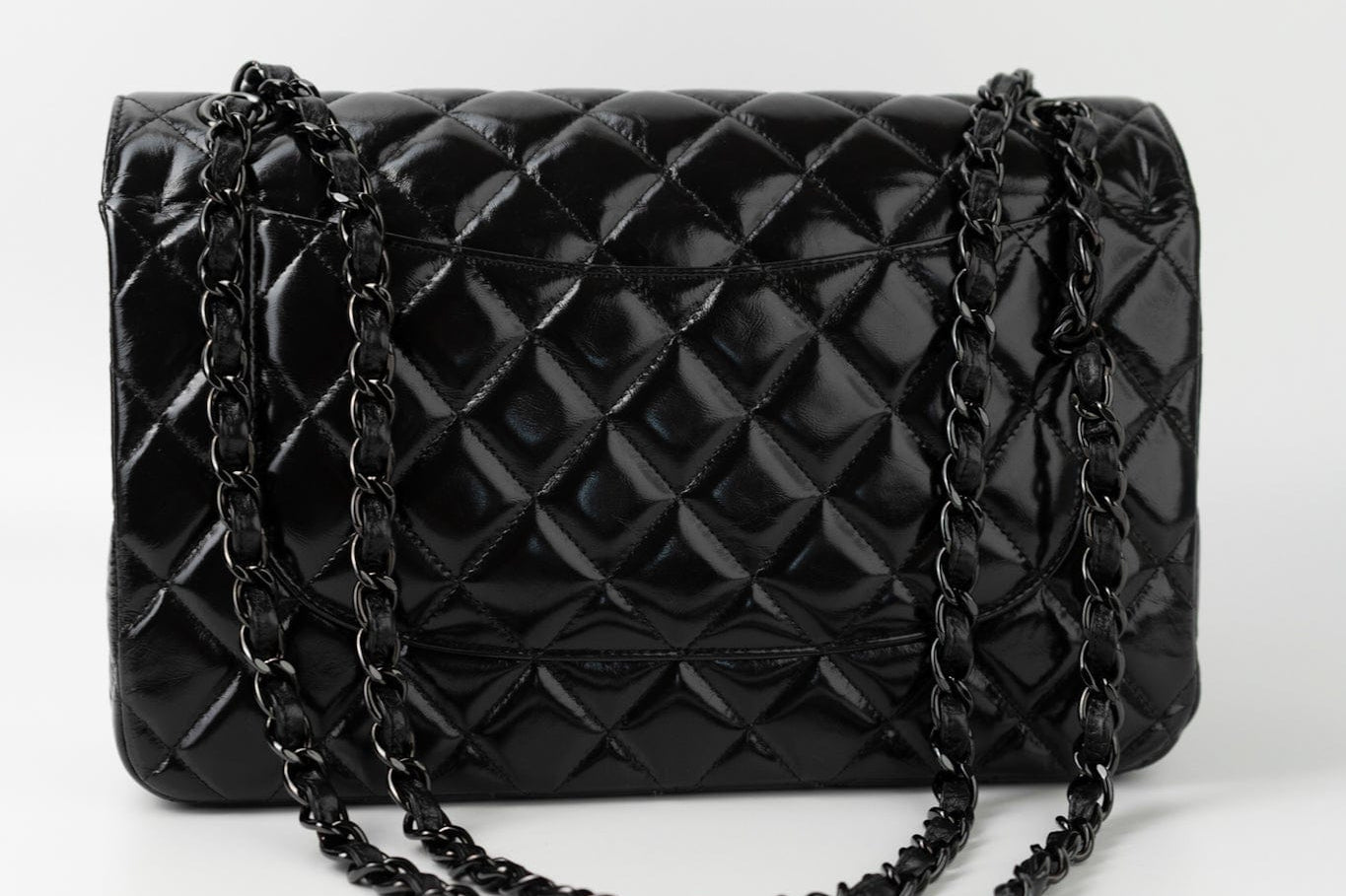 CHANEL Handbag Black So Black Shiny Crumpled Calfskin Quilted Jumbo Double Flap -Knockoff
