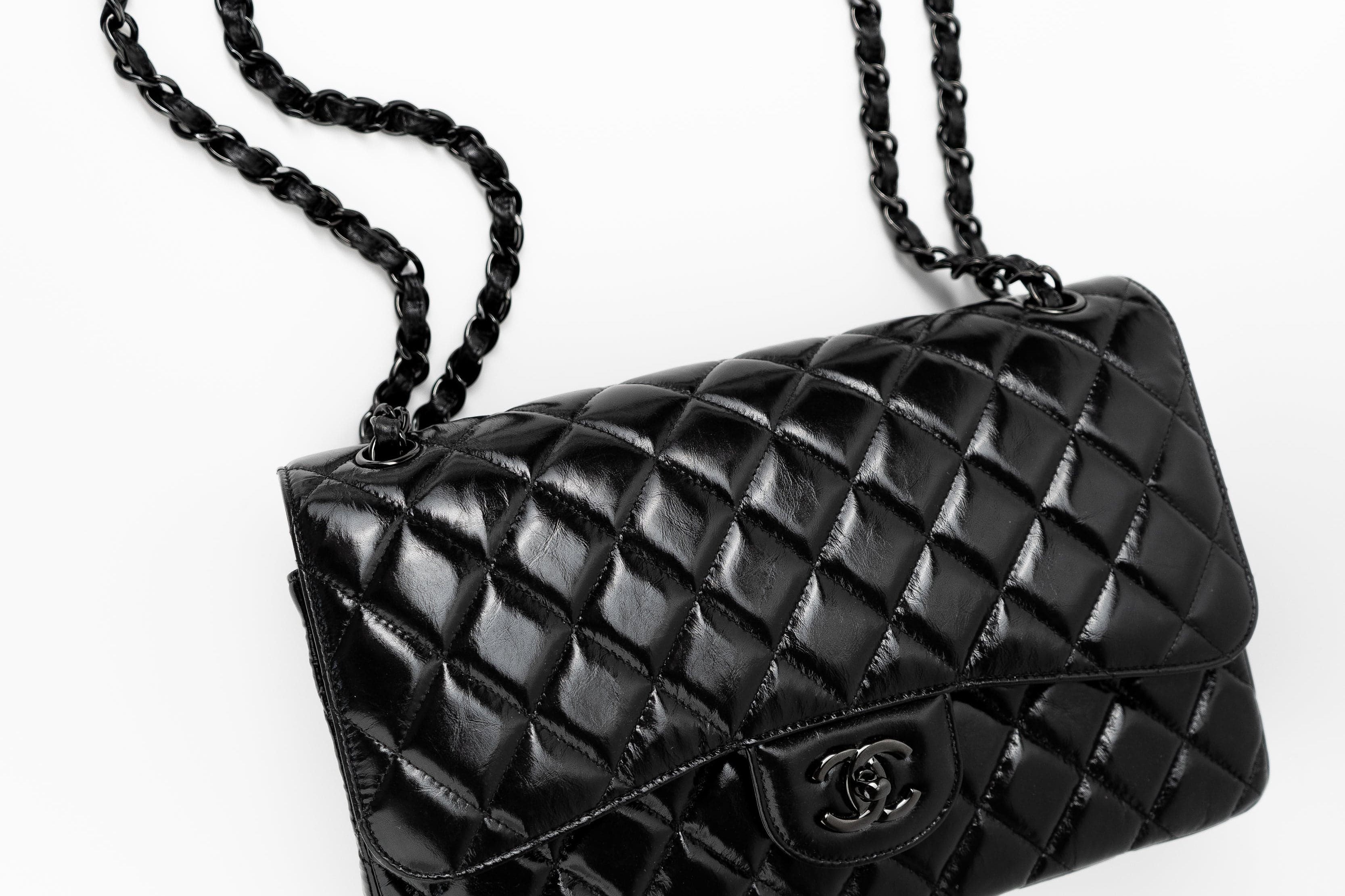 CHANEL Handbag Black So Black Shiny Crumpled Calfskin Quilted Jumbo Double Flap -Knockoff
