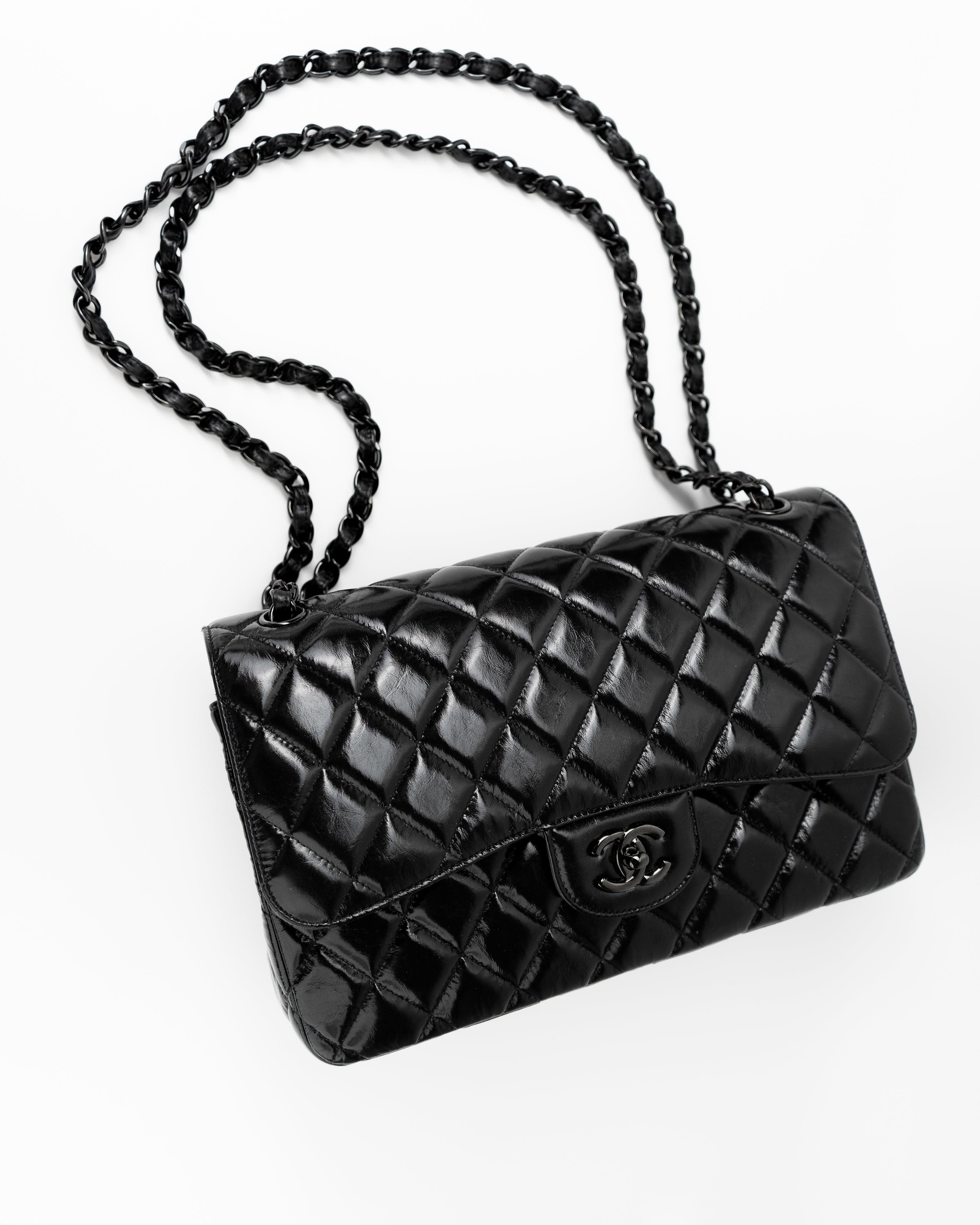 CHANEL Handbag Black So Black Shiny Crumpled Calfskin Quilted Jumbo Double Flap -Knockoff
