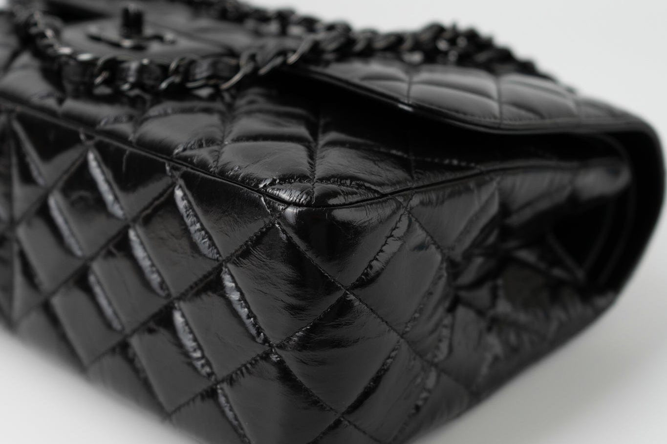 CHANEL Handbag Black So Black Shiny Crumpled Calfskin Quilted Jumbo Double Flap -Knockoff
