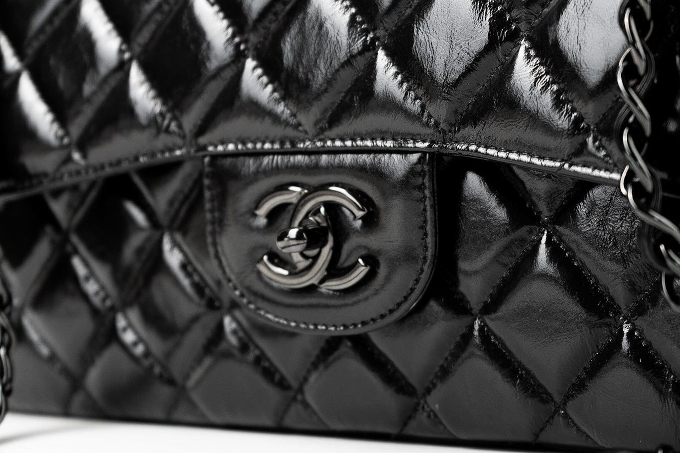 CHANEL Handbag Black So Black Shiny Crumpled Calfskin Quilted Jumbo Double Flap -Knockoff
