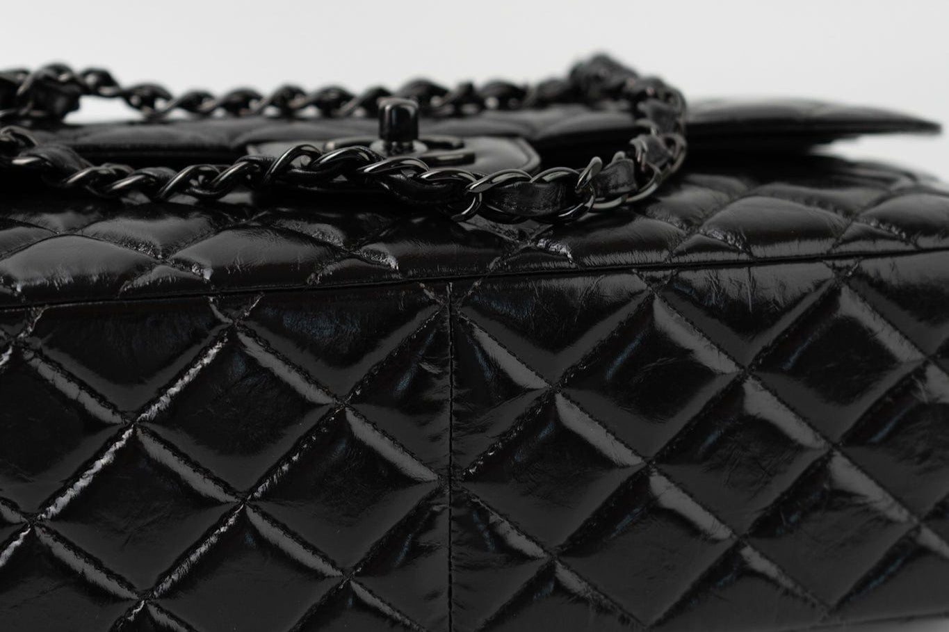 CHANEL Handbag Black So Black Shiny Crumpled Calfskin Quilted Jumbo Double Flap -Knockoff
