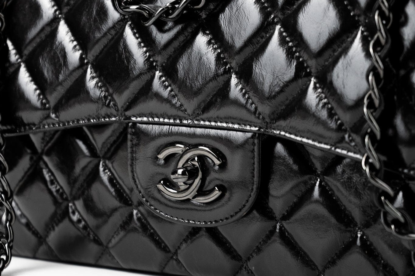 CHANEL Handbag Black So Black Shiny Crumpled Calfskin Quilted Jumbo Double Flap -Knockoff
