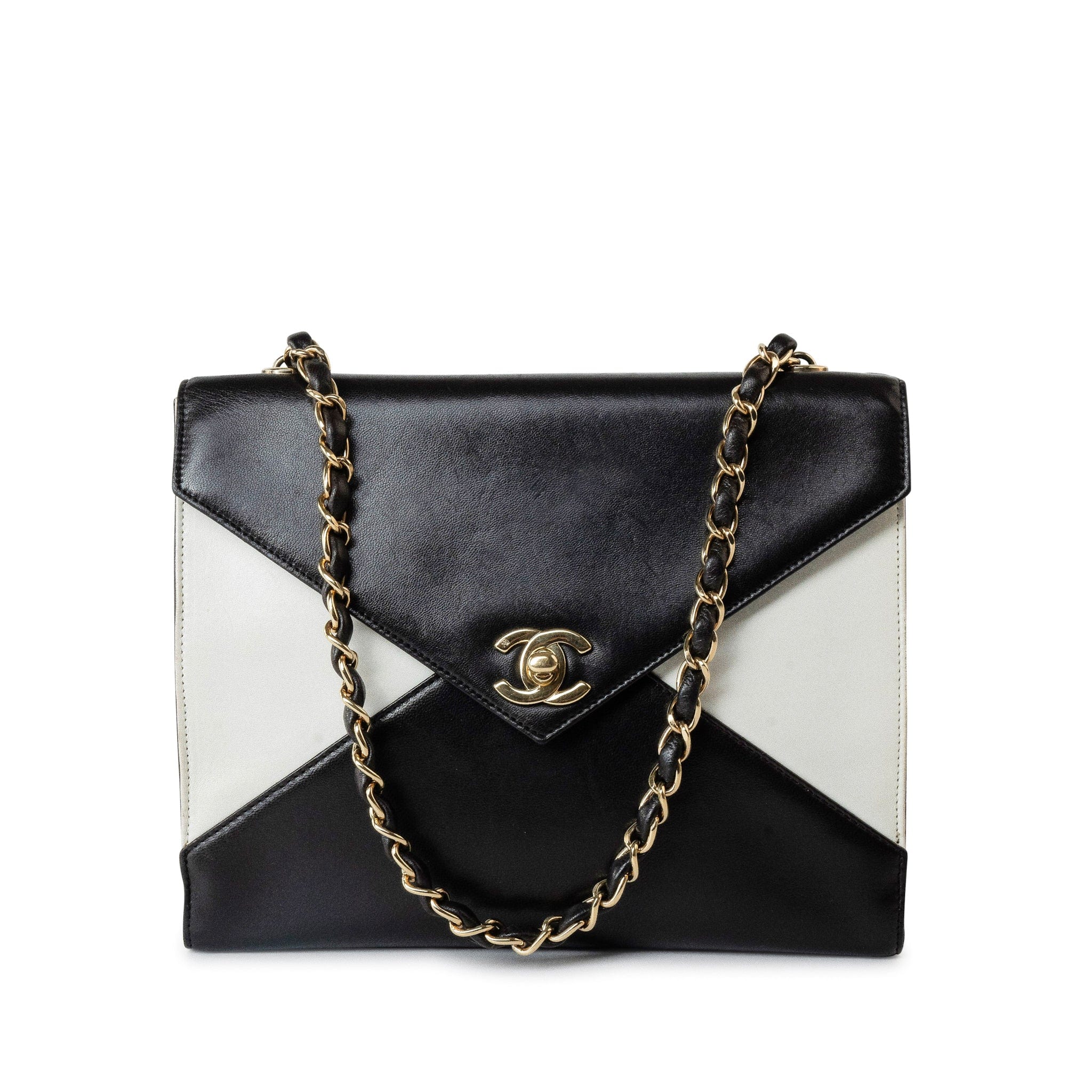 CHANEL Handbag Black Vintage Black and White Lambskin Envelope Shoulder Bag Gold Hardware -Knockoff
