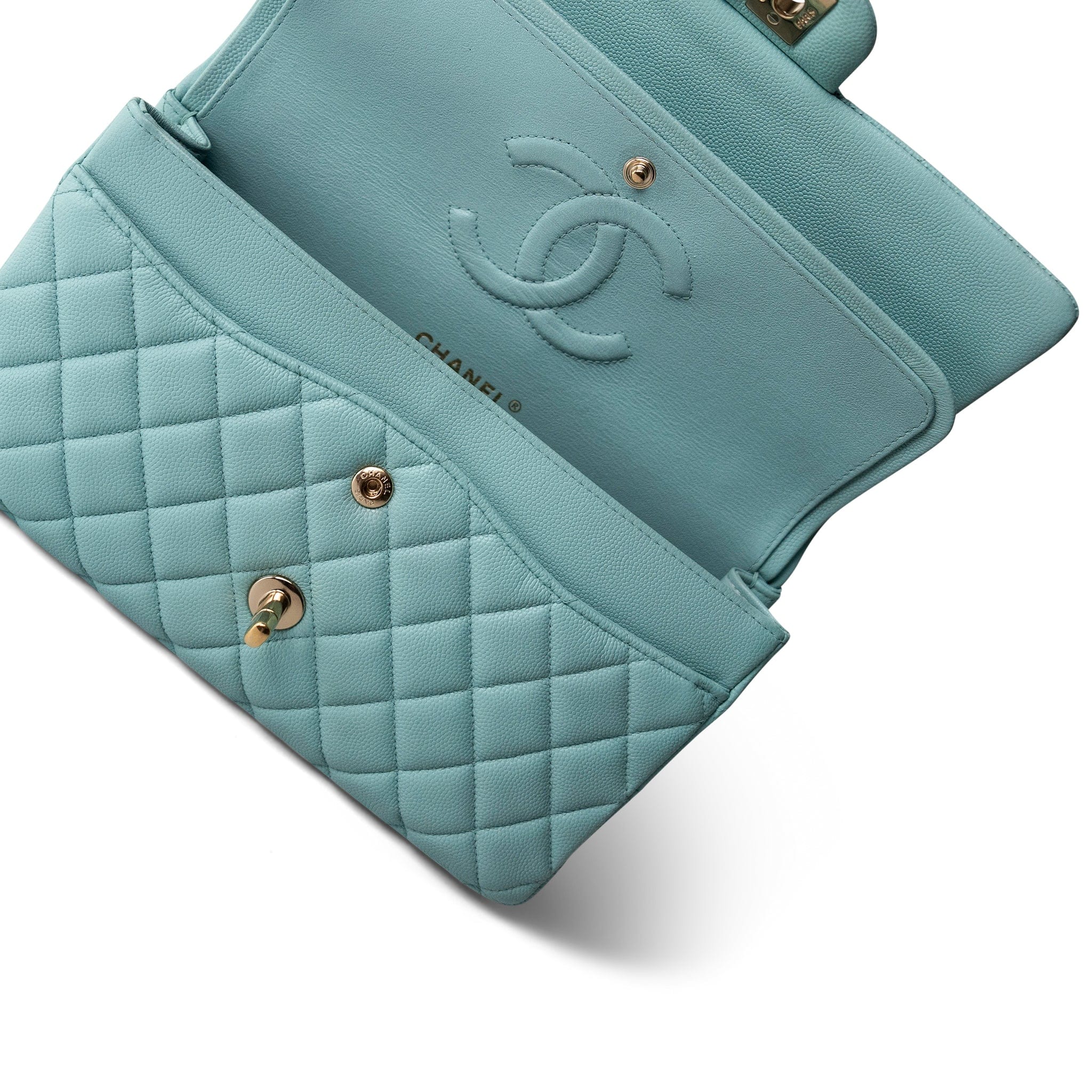 CHANEL Handbag Blue 19C Tiffany Blue Caviar Quilted Medium Classic Flap Light Gold Hardware -Knockoff
