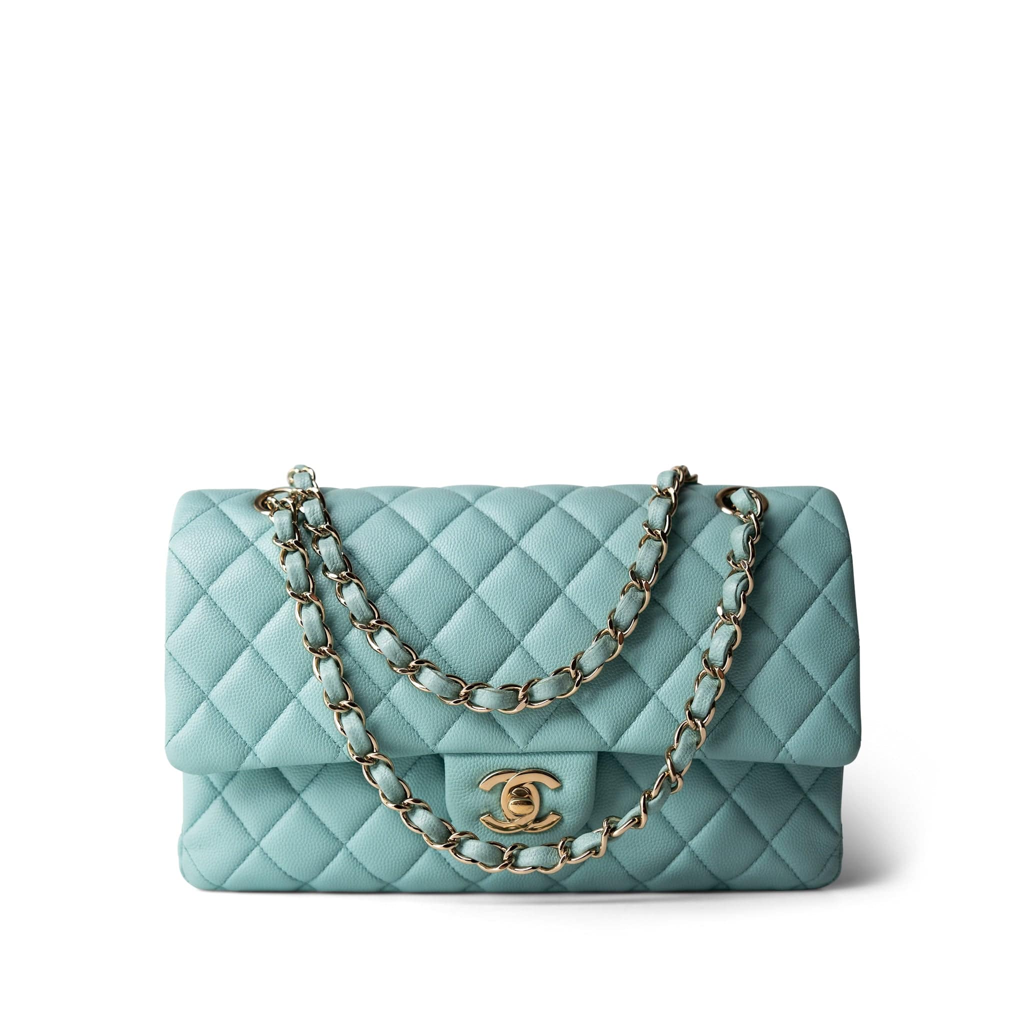 CHANEL Handbag Blue 19C Tiffany Blue Caviar Quilted Medium Classic Flap Light Gold Hardware -Knockoff
