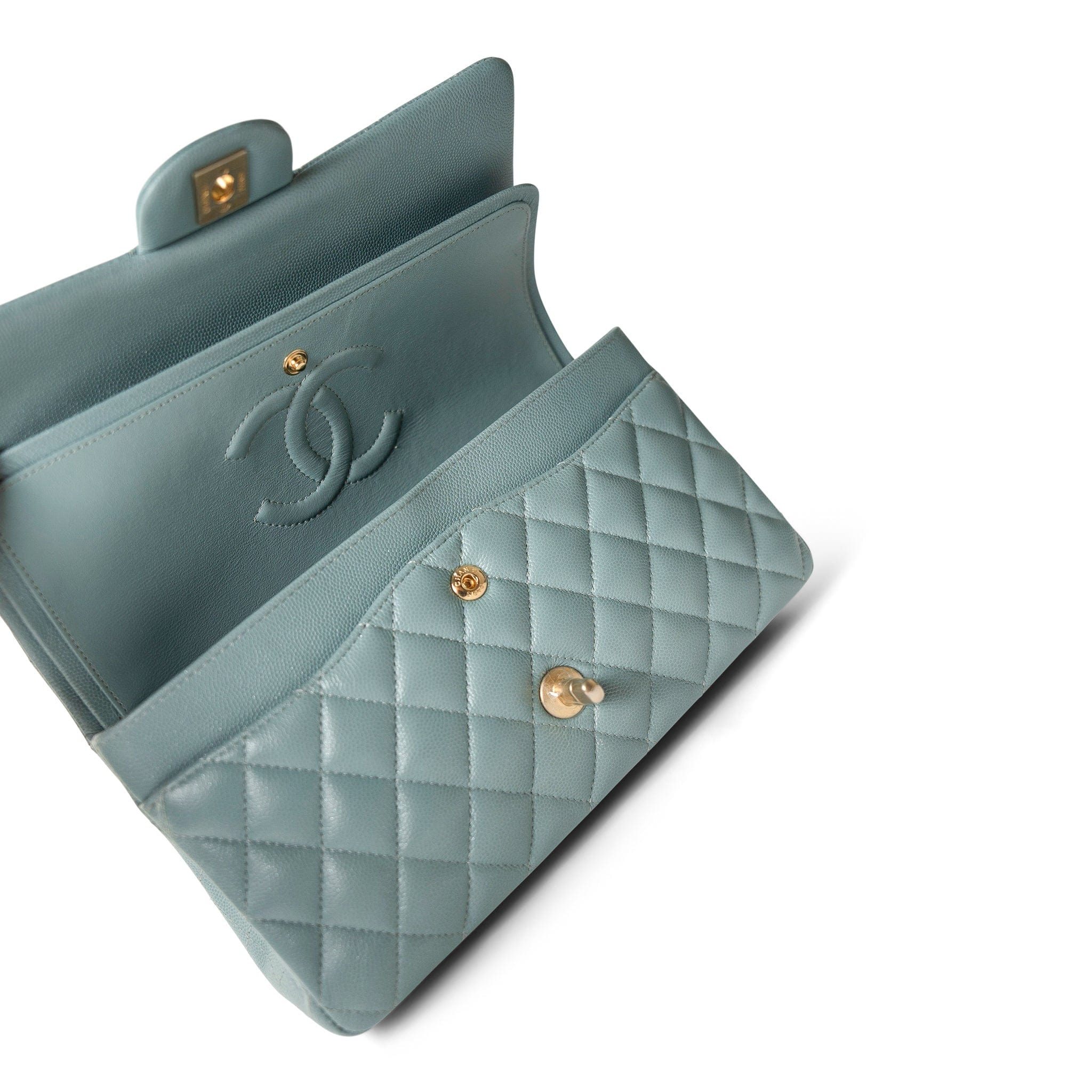 CHANEL Handbag Blue / Classic flap Pearly Light Blue Caviar Quilted Classic Flap Medium Antique Gold Hardware -Knockoff
