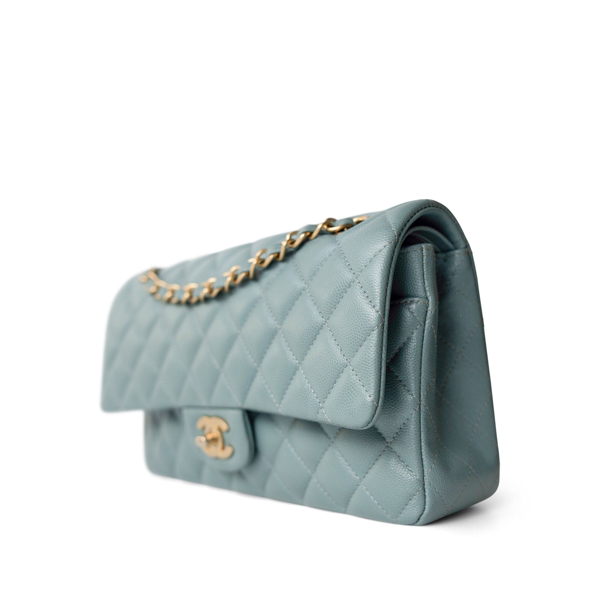 CHANEL Handbag Blue / Classic flap Pearly Light Blue Caviar Quilted Classic Flap Medium Antique Gold Hardware -Knockoff
