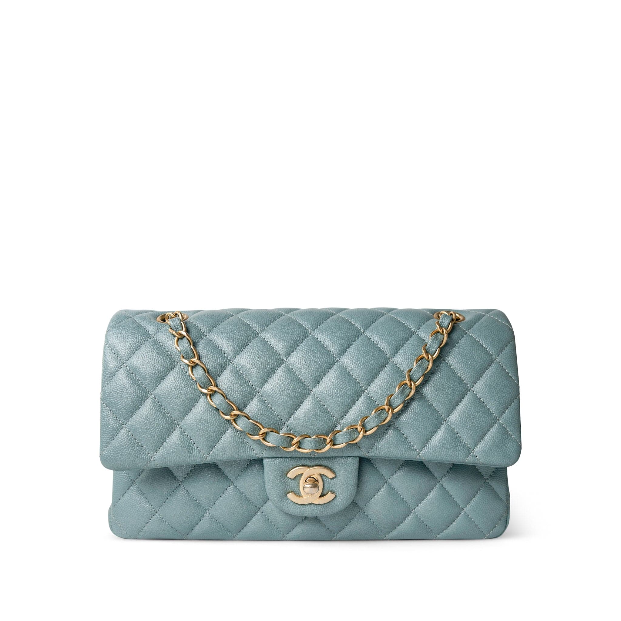 CHANEL Handbag Blue / Classic flap Pearly Light Blue Caviar Quilted Classic Flap Medium Antique Gold Hardware -Knockoff
