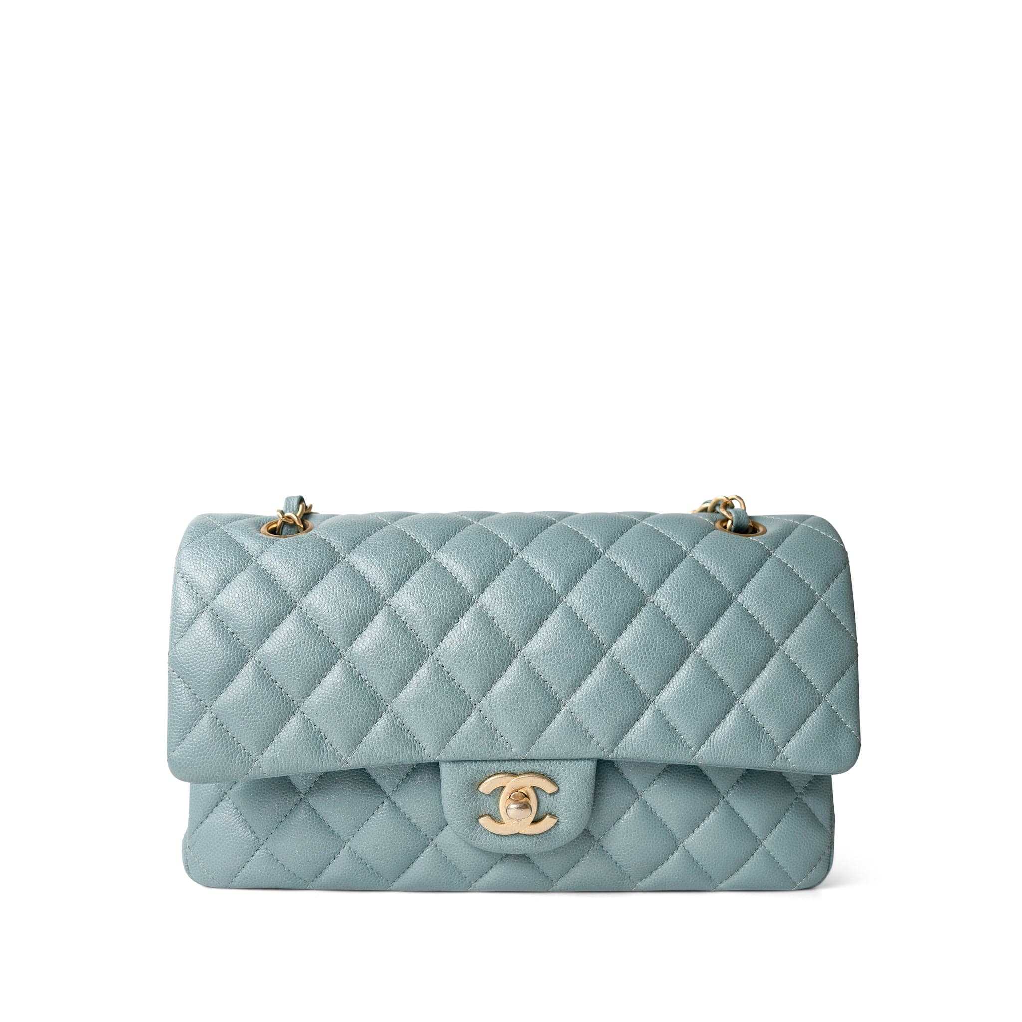 CHANEL Handbag Blue / Classic flap Pearly Light Blue Caviar Quilted Classic Flap Medium Antique Gold Hardware -Knockoff
