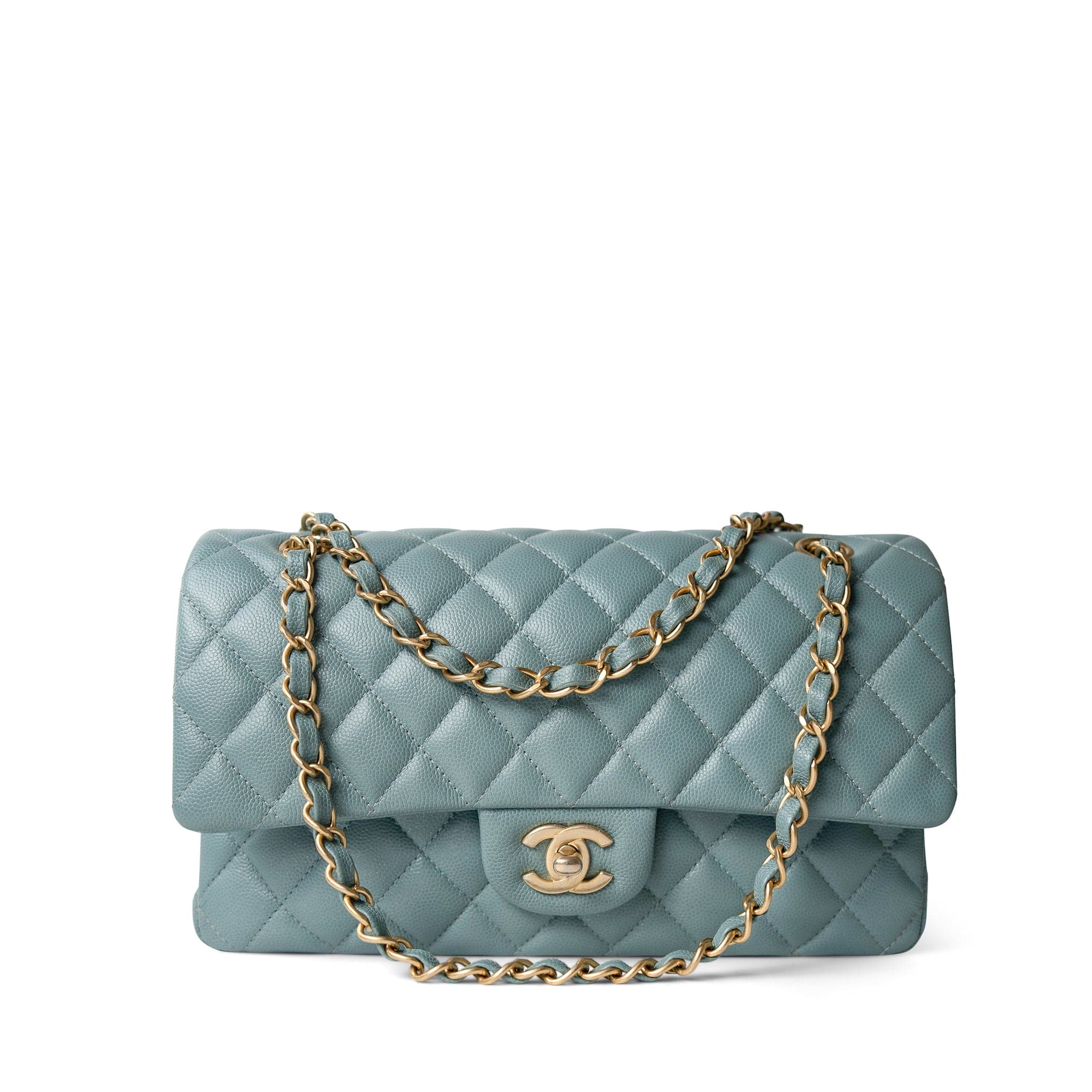 CHANEL Handbag Blue / Classic flap Pearly Light Blue Caviar Quilted Classic Flap Medium Antique Gold Hardware -Knockoff
