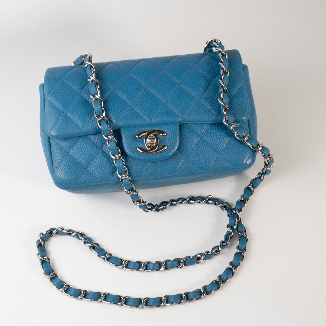 CHANEL Handbag BLUE MINI RECTANGULAR CAVIAR QUILTED SINGLE FLAP SILVER HARDWARE -Knockoff
