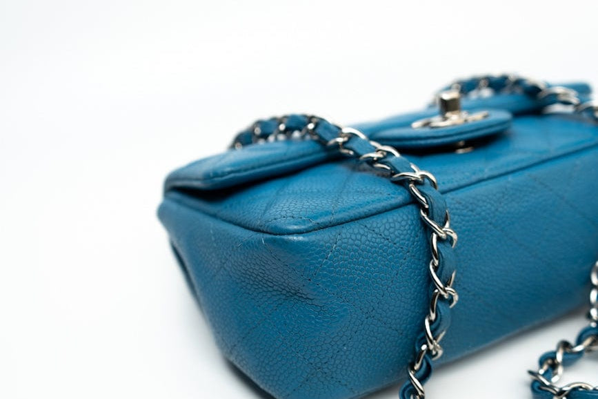 CHANEL Handbag BLUE MINI RECTANGULAR CAVIAR QUILTED SINGLE FLAP SILVER HARDWARE -Knockoff
