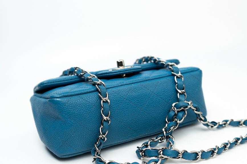 CHANEL Handbag BLUE MINI RECTANGULAR CAVIAR QUILTED SINGLE FLAP SILVER HARDWARE -Knockoff
