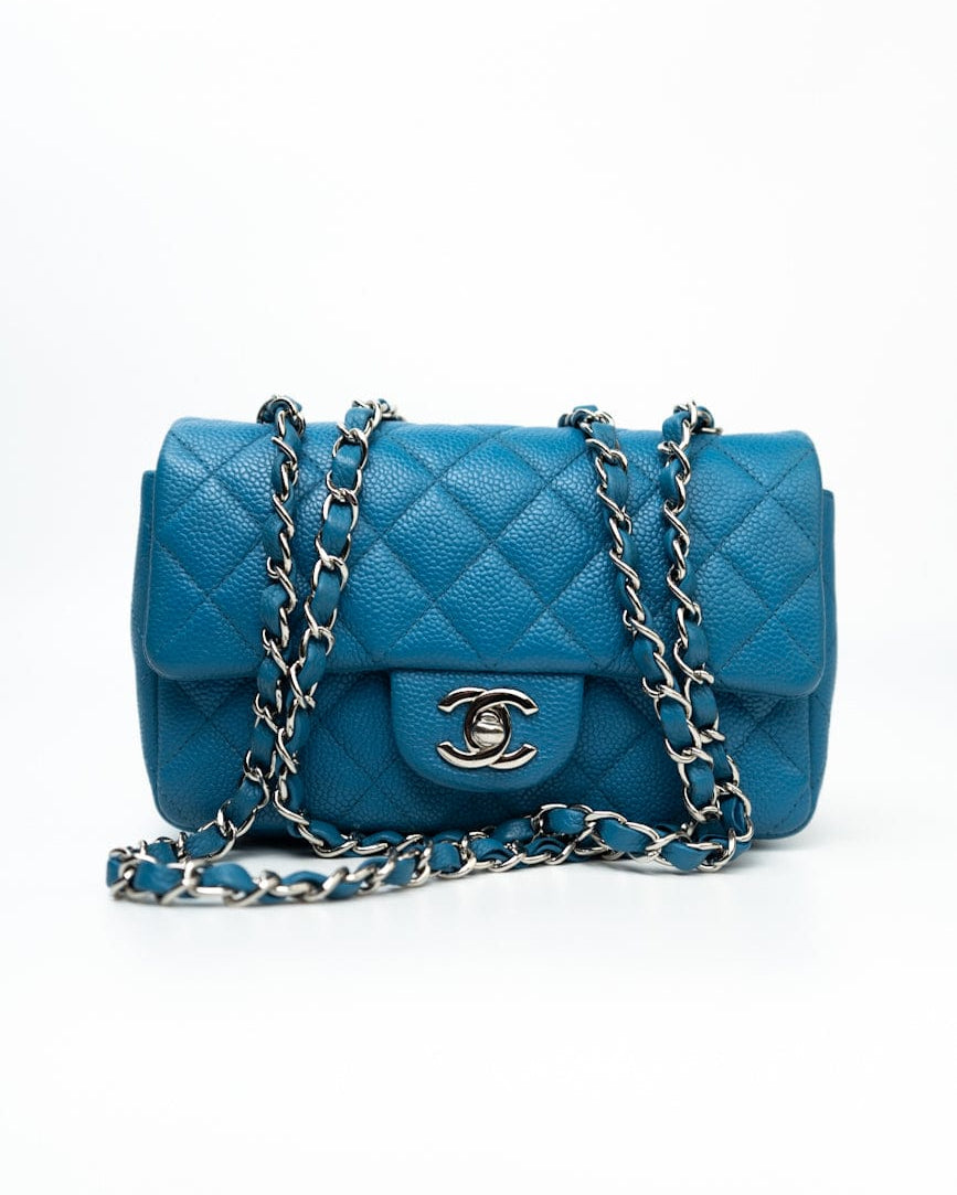 CHANEL Handbag BLUE MINI RECTANGULAR CAVIAR QUILTED SINGLE FLAP SILVER HARDWARE -Knockoff
