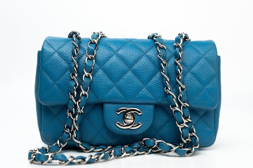 CHANEL Handbag BLUE MINI RECTANGULAR CAVIAR QUILTED SINGLE FLAP SILVER HARDWARE -Knockoff
