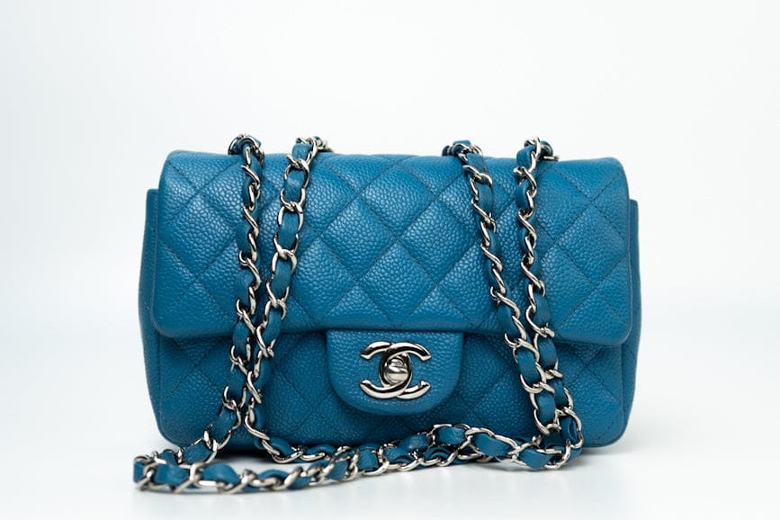 CHANEL Handbag BLUE MINI RECTANGULAR CAVIAR QUILTED SINGLE FLAP SILVER HARDWARE -Knockoff
