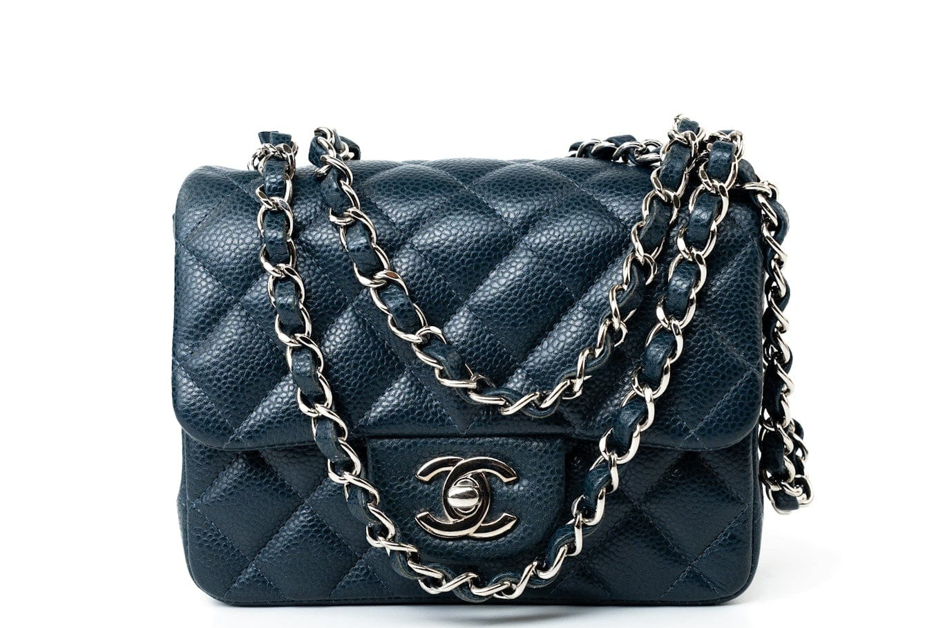 CHANEL Handbag Blue Navy Blue Caviar Quilted Mini Square Single Flap Silver Hardware -Knockoff
